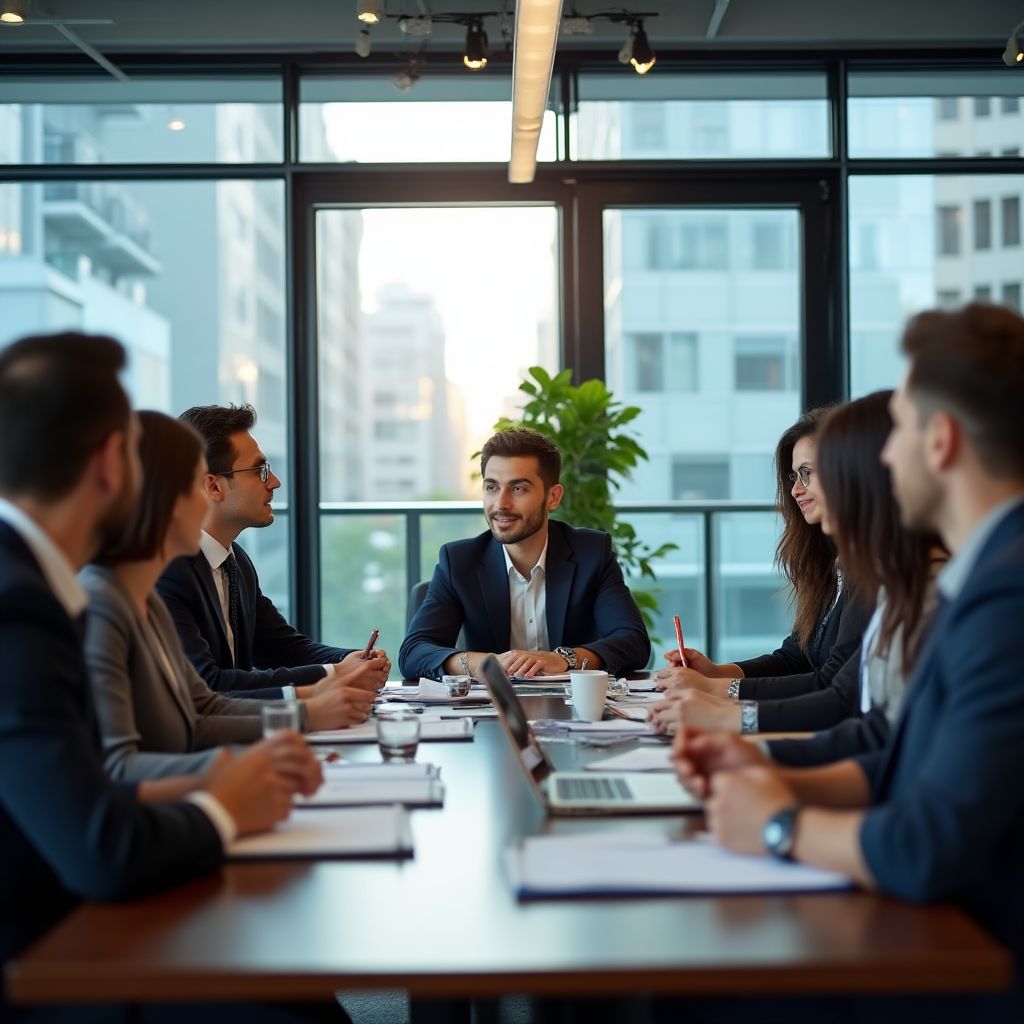 Equipo de asesores financieros en una reunión de planificación estratégica